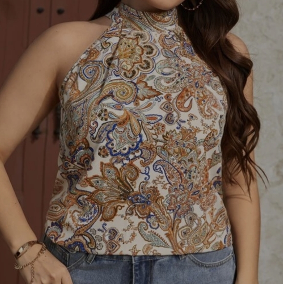 Boho Floral Paisley Print Halter Tank Top - Picture 7 of 9